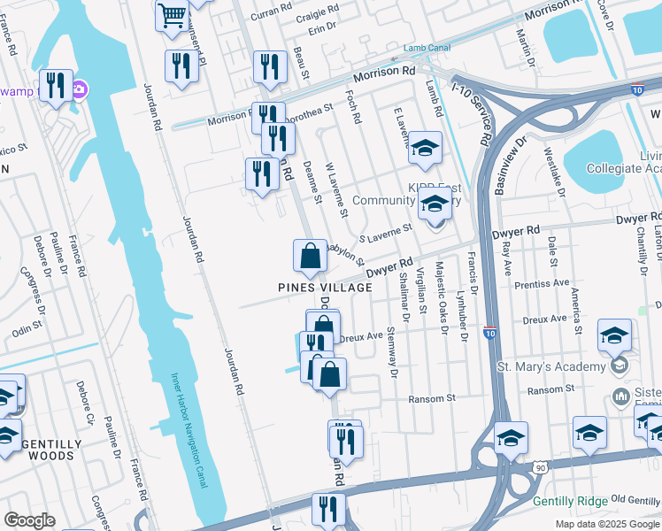 map of restaurants, bars, coffee shops, grocery stores, and more near 5948 Babylon Street in New Orleans