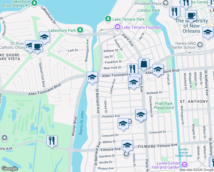 map of restaurants, bars, coffee shops, grocery stores, and more near 1345 Madrid Street in New Orleans