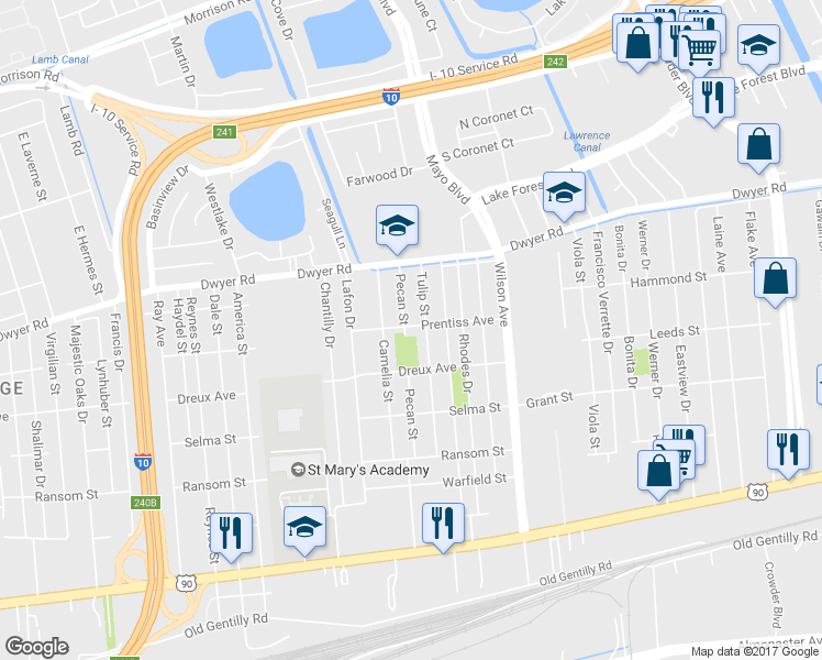 map of restaurants, bars, coffee shops, grocery stores, and more near 4861 Pecan Street in New Orleans