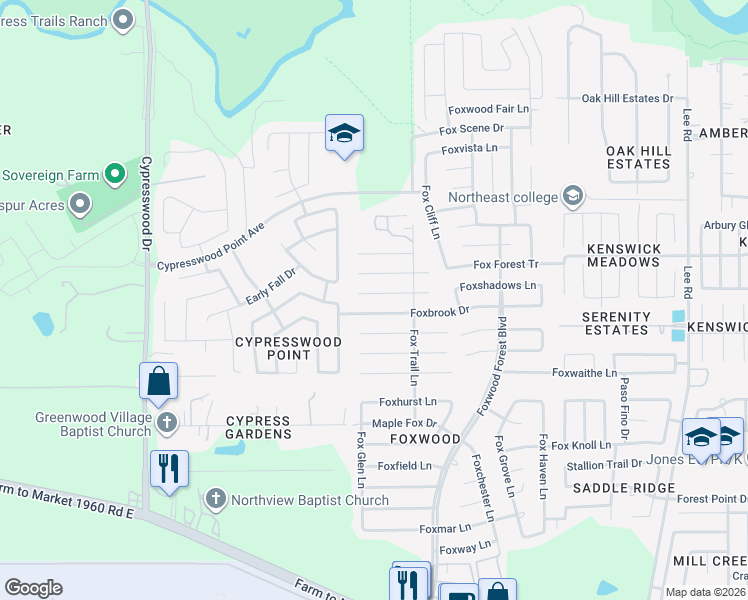 map of restaurants, bars, coffee shops, grocery stores, and more near 6916 Foxvalley Lane in Humble