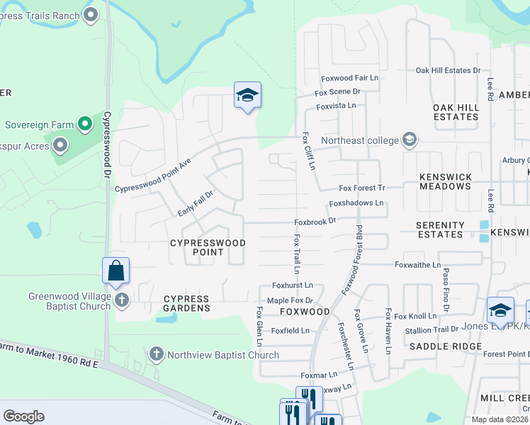 map of restaurants, bars, coffee shops, grocery stores, and more near 6916 Foxvalley Lane in Humble