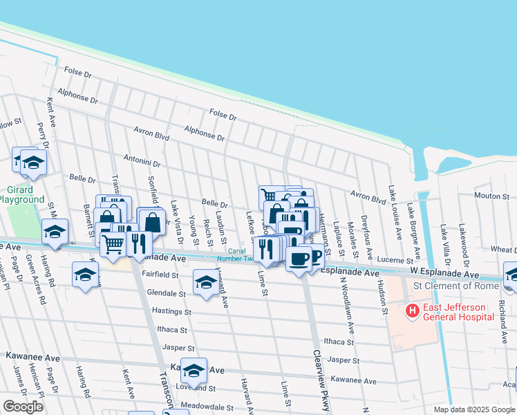 map of restaurants, bars, coffee shops, grocery stores, and more near 4701 Belle Drive in Metairie