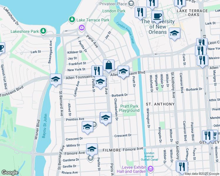 map of restaurants, bars, coffee shops, grocery stores, and more near 6043 Paris Avenue in New Orleans