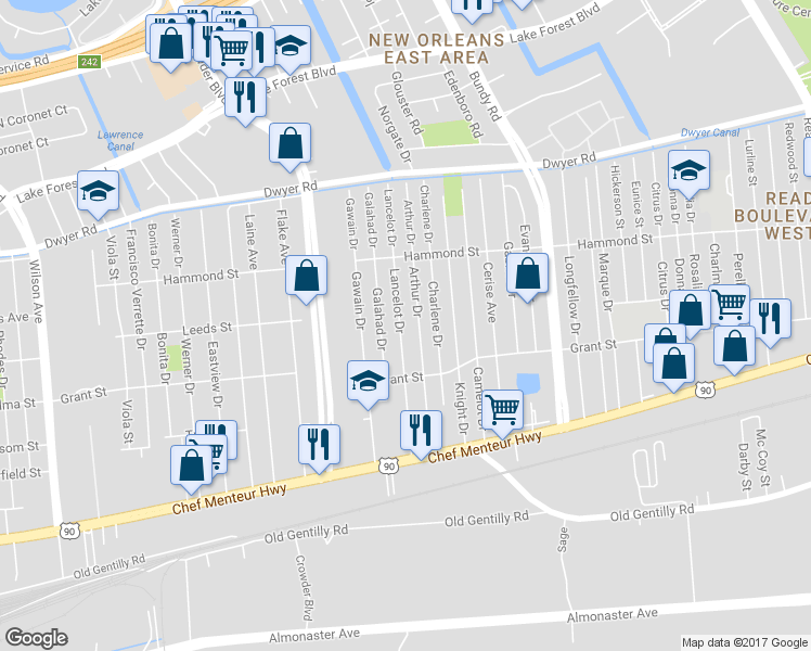 map of restaurants, bars, coffee shops, grocery stores, and more near 4683 Lancelot Drive in New Orleans