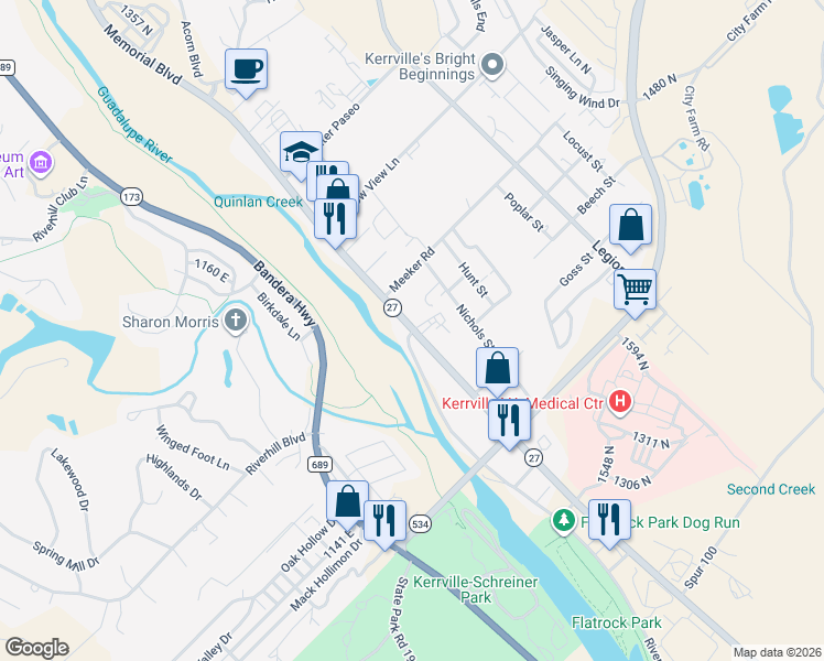map of restaurants, bars, coffee shops, grocery stores, and more near 2901 Riverside Drive in Kerrville