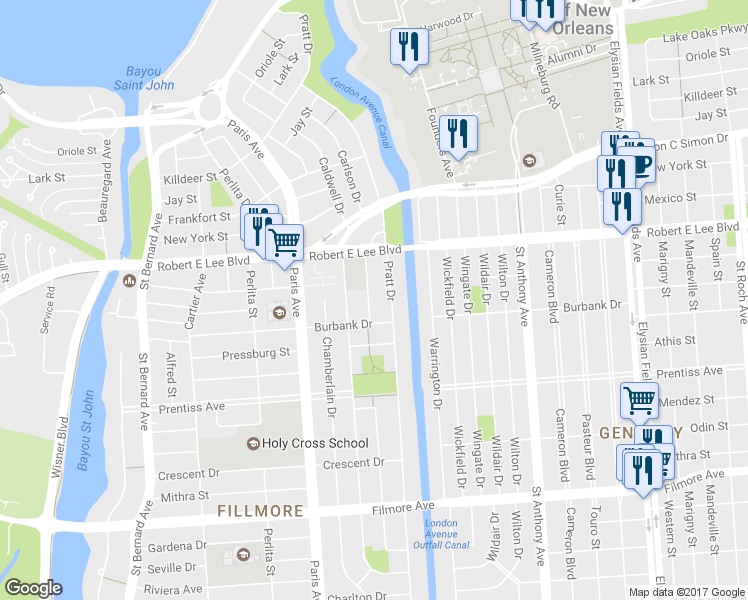 map of restaurants, bars, coffee shops, grocery stores, and more near 6035 Charlotte Drive in New Orleans