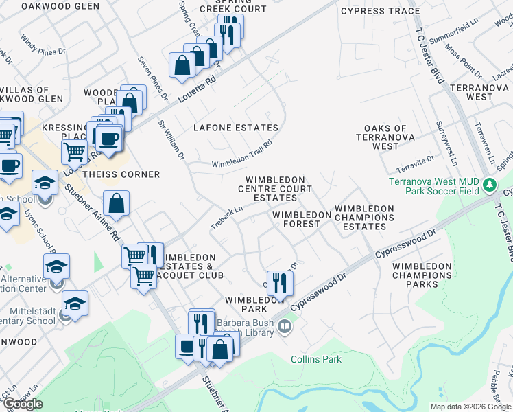 map of restaurants, bars, coffee shops, grocery stores, and more near 6619 Trebeck Lane in Spring