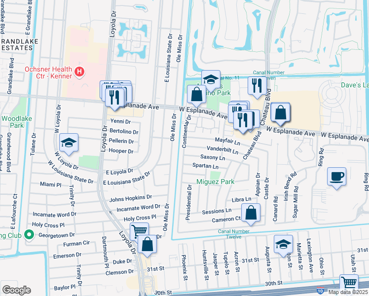 map of restaurants, bars, coffee shops, grocery stores, and more near 601 Vanderbilt Lane in Kenner
