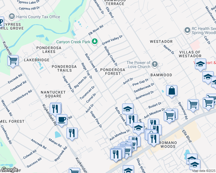 map of restaurants, bars, coffee shops, grocery stores, and more near 1722 Corral Drive in Houston