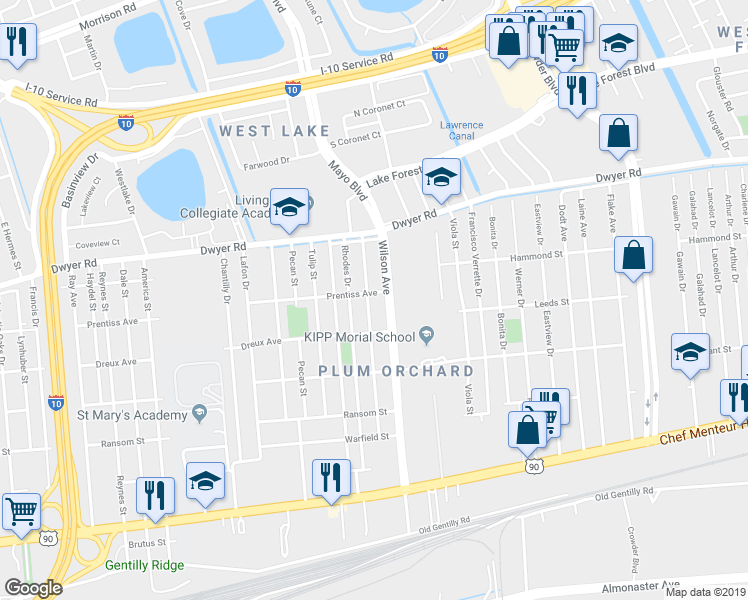 map of restaurants, bars, coffee shops, grocery stores, and more near 4755 Rosemont Place in New Orleans