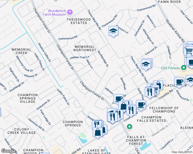 map of restaurants, bars, coffee shops, grocery stores, and more near 17211 Abby Lane in Spring