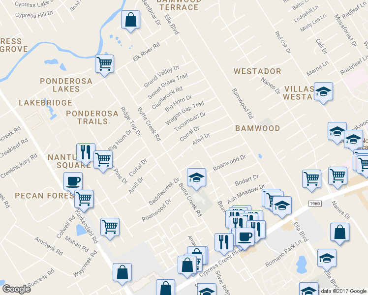 map of restaurants, bars, coffee shops, grocery stores, and more near 1702 Anvil Drive in Houston