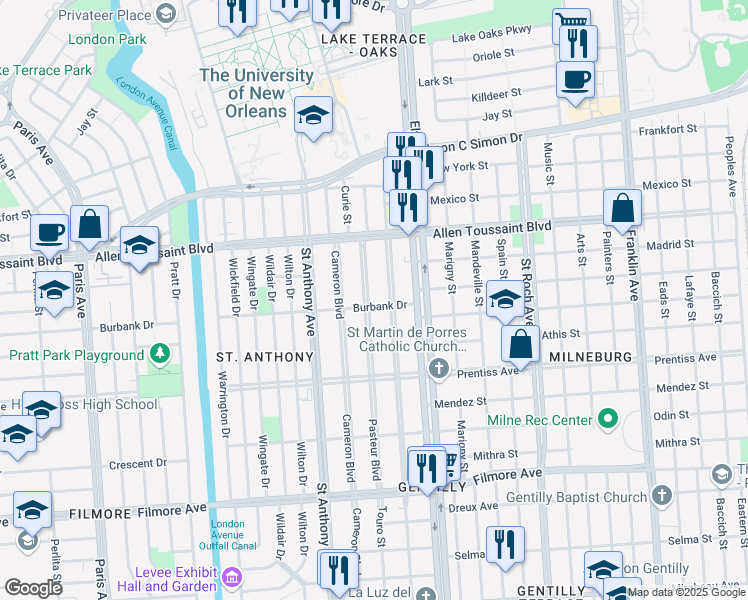 map of restaurants, bars, coffee shops, grocery stores, and more near 6005 Pasteur Boulevard in New Orleans