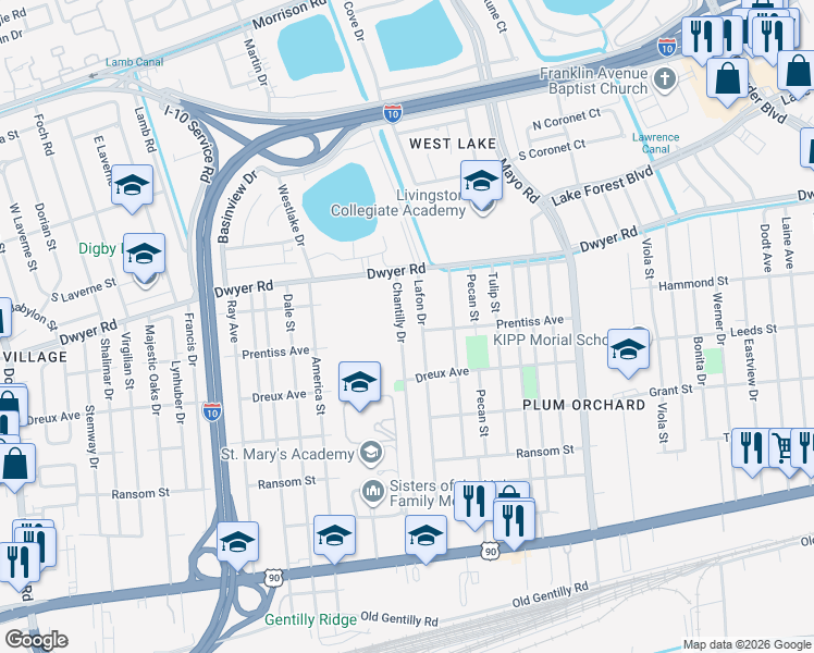 map of restaurants, bars, coffee shops, grocery stores, and more near 4881 Chantilly Drive in New Orleans
