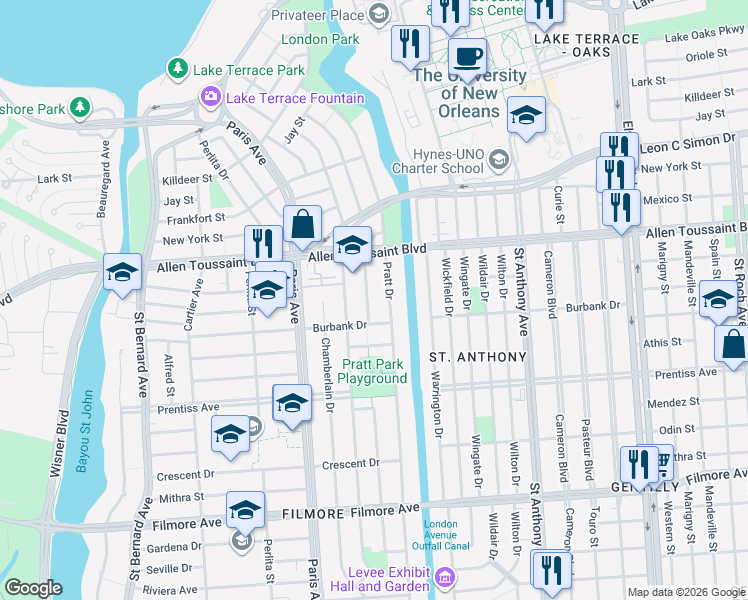 map of restaurants, bars, coffee shops, grocery stores, and more near 6035 Charlotte Drive in New Orleans