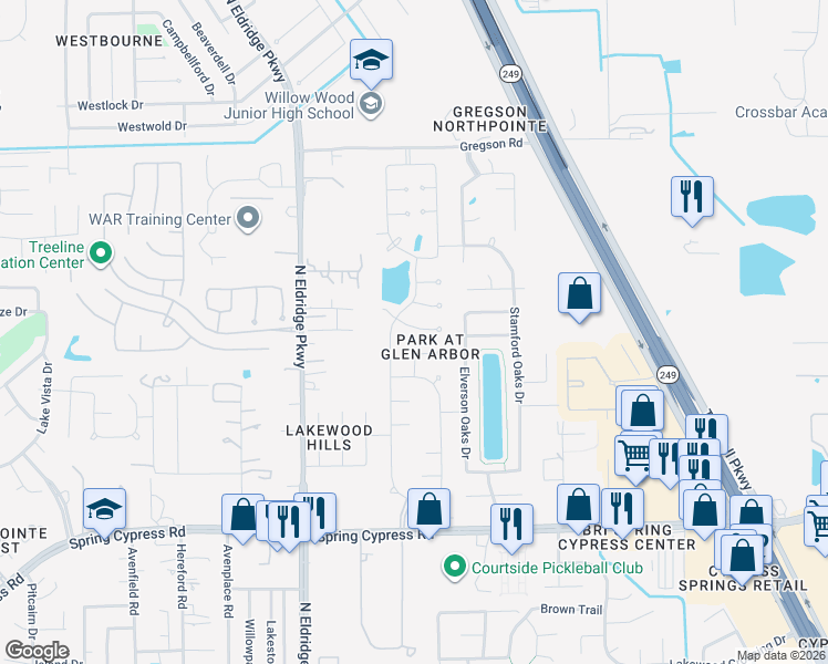 map of restaurants, bars, coffee shops, grocery stores, and more near 11731 Spring Path Court in Tomball