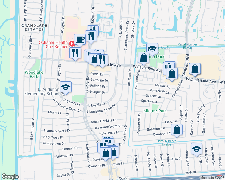 map of restaurants, bars, coffee shops, grocery stores, and more near 521 East Loyola Drive in Kenner