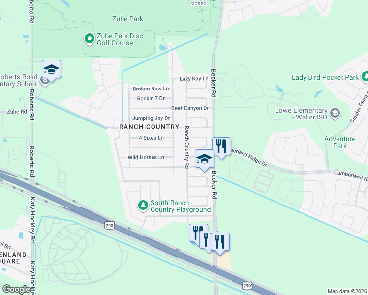 map of restaurants, bars, coffee shops, grocery stores, and more near 17327 Ranch Country Road in Hockley