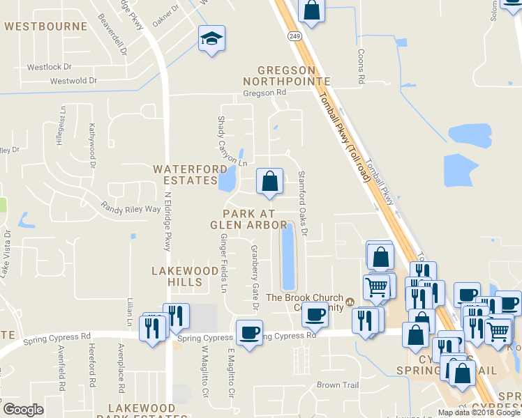 map of restaurants, bars, coffee shops, grocery stores, and more near 11703 Spring Path Court in Tomball