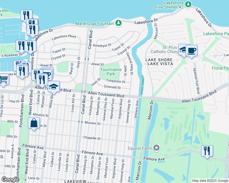 map of restaurants, bars, coffee shops, grocery stores, and more near 879 Robert E Lee Boulevard in New Orleans