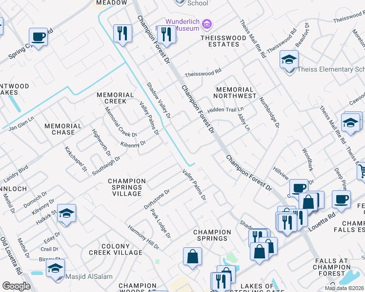 map of restaurants, bars, coffee shops, grocery stores, and more near 17426 Valley Palms Drive in Spring