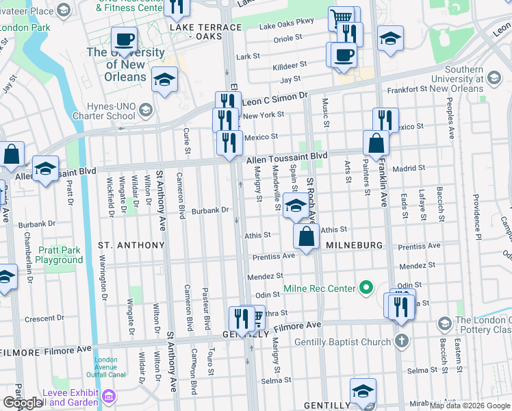 map of restaurants, bars, coffee shops, grocery stores, and more near 5922 Marigny Street in New Orleans
