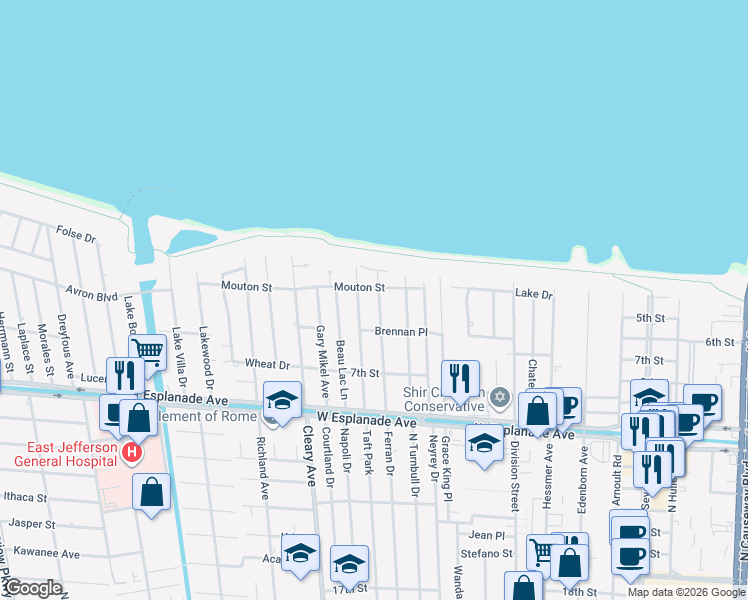 map of restaurants, bars, coffee shops, grocery stores, and more near 4728 Southshore Drive in Metairie