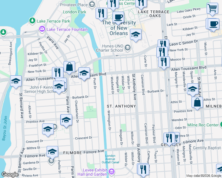 map of restaurants, bars, coffee shops, grocery stores, and more near 6016 Wickfield Drive in New Orleans