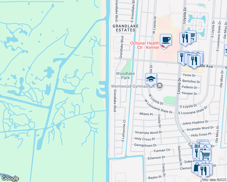 map of restaurants, bars, coffee shops, grocery stores, and more near 3321 Grandlake Boulevard in Kenner