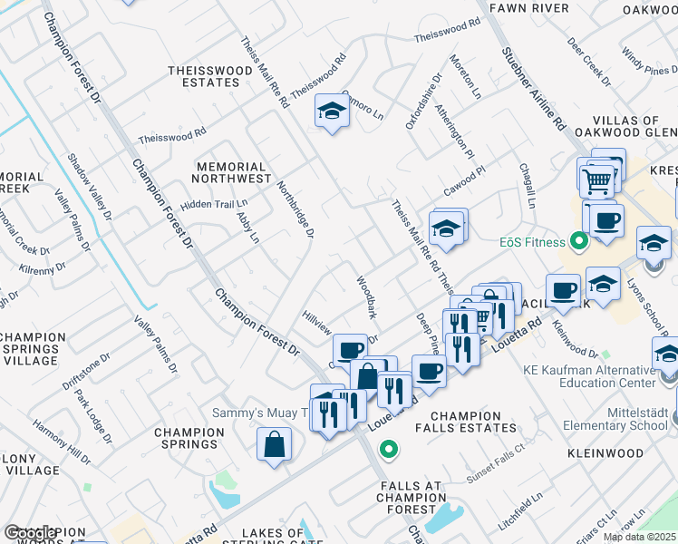 map of restaurants, bars, coffee shops, grocery stores, and more near 17122 Carriage Dale Court in Spring