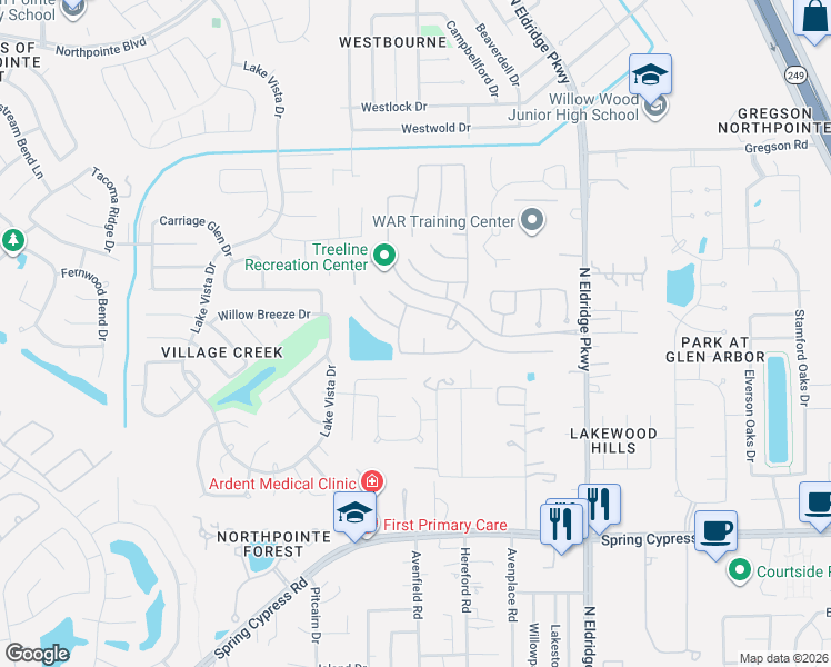 map of restaurants, bars, coffee shops, grocery stores, and more near 17511 Pecks Park Court in Tomball