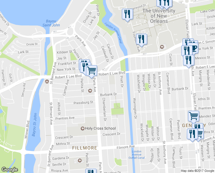 map of restaurants, bars, coffee shops, grocery stores, and more near 6042 Chatham Drive in New Orleans