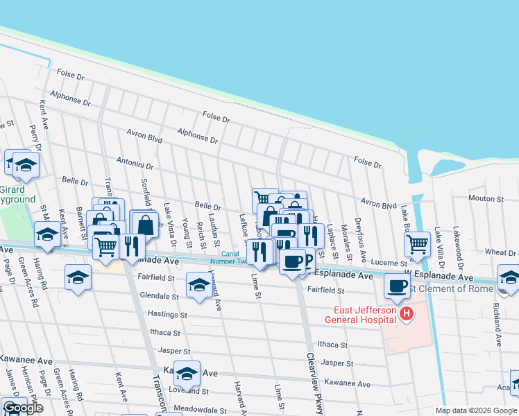 map of restaurants, bars, coffee shops, grocery stores, and more near 4701 Belle Drive in Metairie