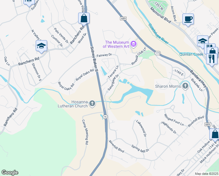 map of restaurants, bars, coffee shops, grocery stores, and more near 531 Sand Bend Drive in Kerrville