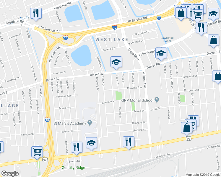 map of restaurants, bars, coffee shops, grocery stores, and more near 4900 Camelia Street in New Orleans