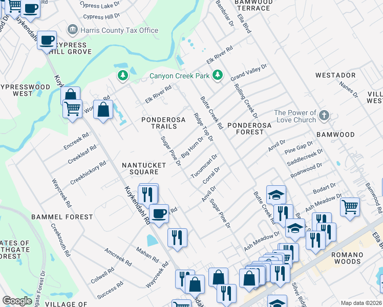map of restaurants, bars, coffee shops, grocery stores, and more near 1905 Big Horn Drive in Houston