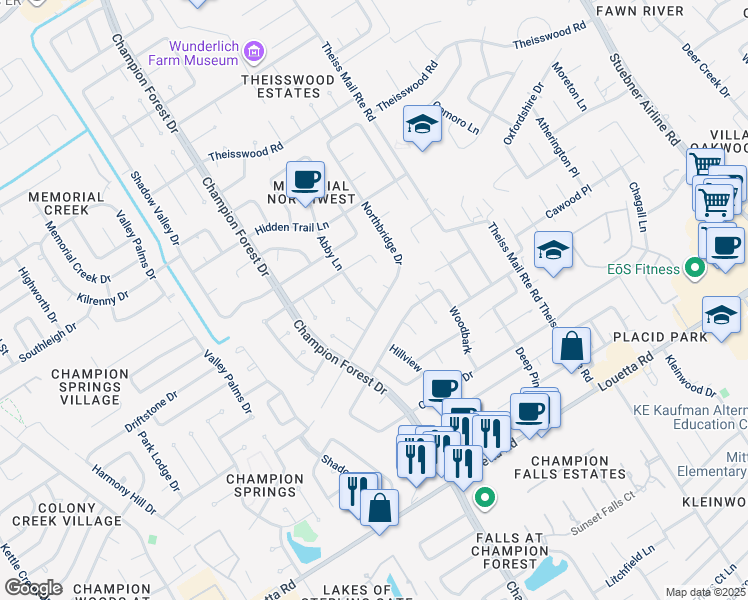 map of restaurants, bars, coffee shops, grocery stores, and more near 17211 Abby Lane in Spring