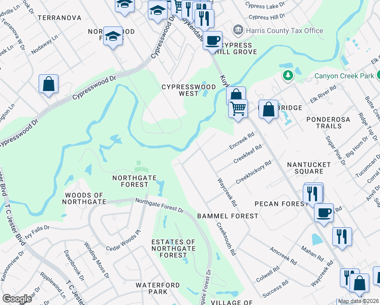 map of restaurants, bars, coffee shops, grocery stores, and more near 2610 Bycreek Drive in Houston
