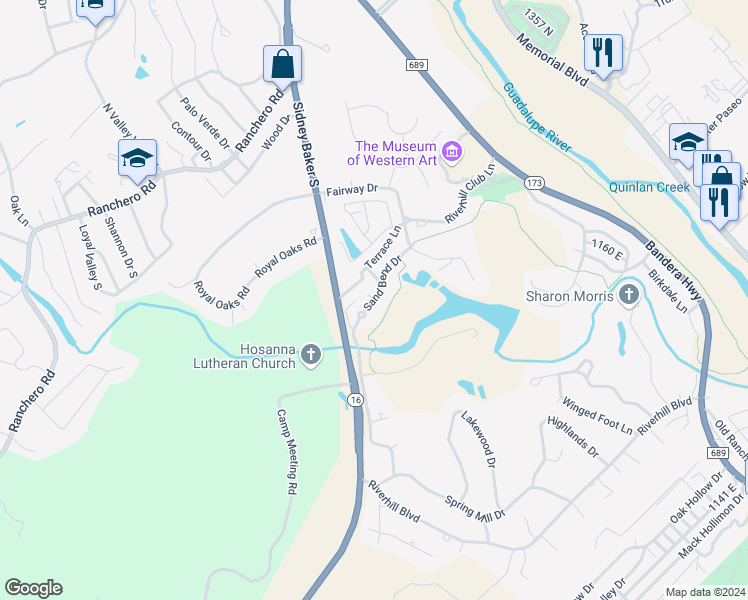 map of restaurants, bars, coffee shops, grocery stores, and more near 534 Sand Bend Drive in Kerrville