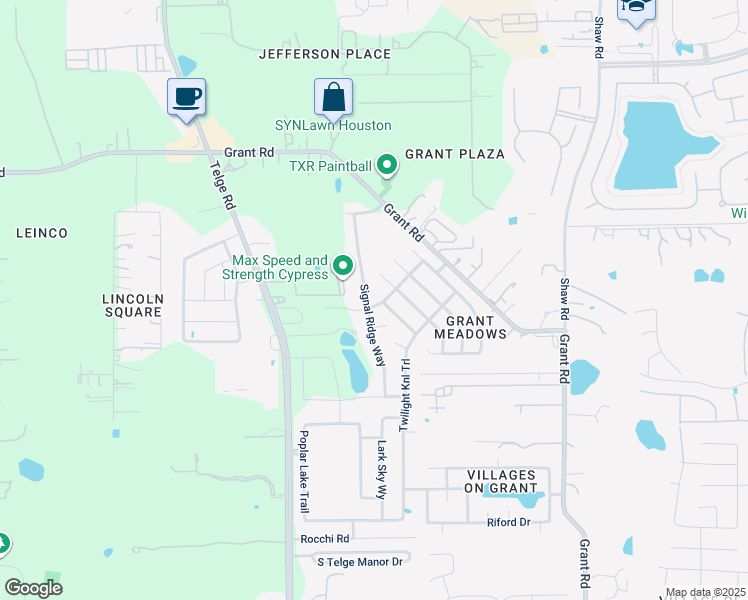 map of restaurants, bars, coffee shops, grocery stores, and more near 15402 Signal Ridge Way in Cypress