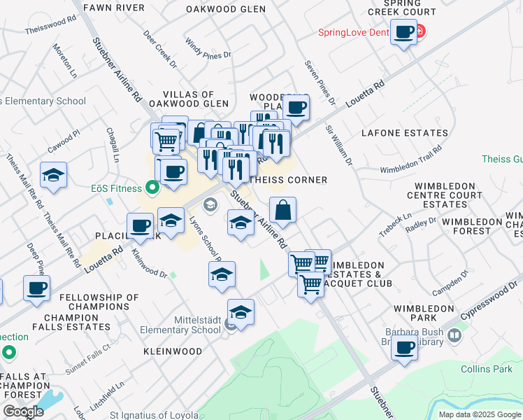 map of restaurants, bars, coffee shops, grocery stores, and more near 16602 Stuebner Airline Road in Spring