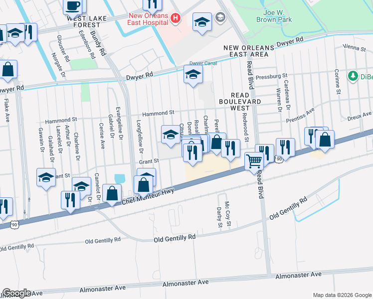 map of restaurants, bars, coffee shops, grocery stores, and more near 4621 Citrus Drive in New Orleans