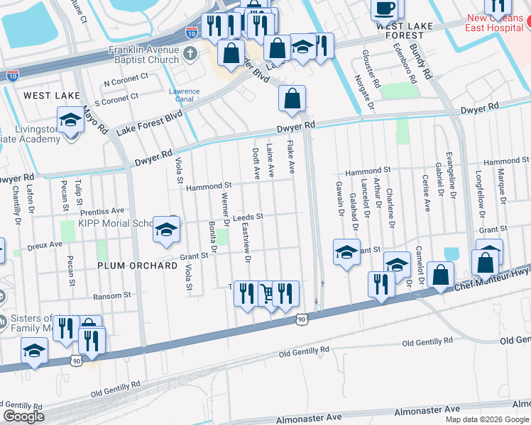 map of restaurants, bars, coffee shops, grocery stores, and more near 4700 Laine Avenue in New Orleans