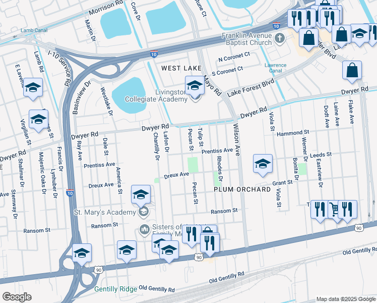 map of restaurants, bars, coffee shops, grocery stores, and more near 4861 Pecan Street in New Orleans