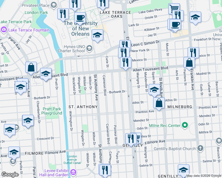 map of restaurants, bars, coffee shops, grocery stores, and more near 6005 Pasteur Boulevard in New Orleans