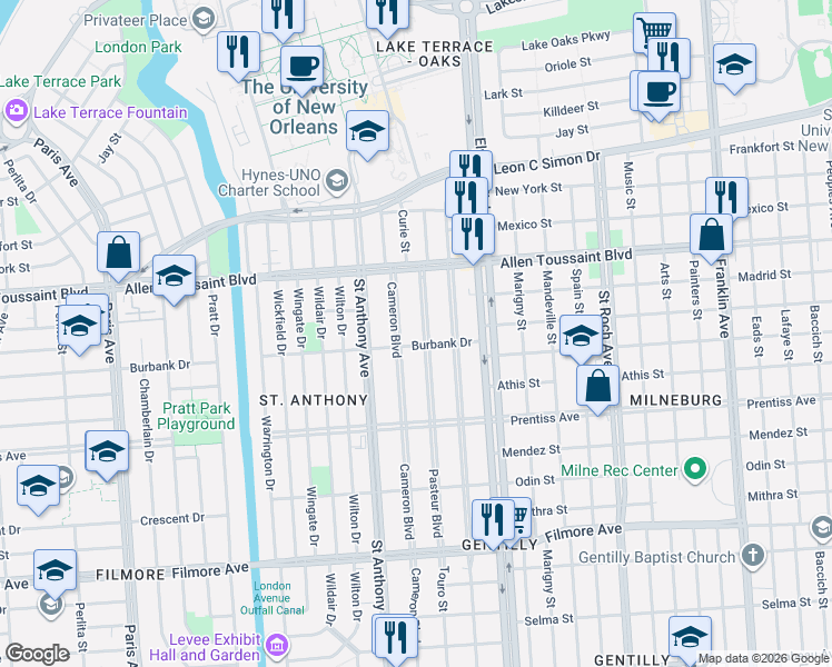 map of restaurants, bars, coffee shops, grocery stores, and more near 6005 Pasteur Boulevard in New Orleans