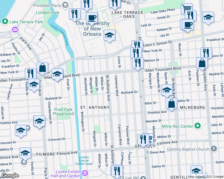 map of restaurants, bars, coffee shops, grocery stores, and more near 6006 Cameron Boulevard in New Orleans