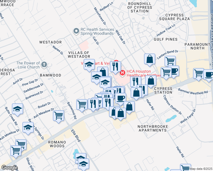 map of restaurants, bars, coffee shops, grocery stores, and more near in Houston