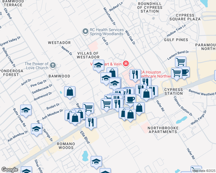 map of restaurants, bars, coffee shops, grocery stores, and more near 17127 Red Oak Drive in Houston