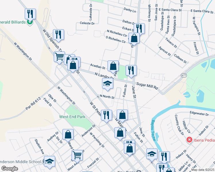 map of restaurants, bars, coffee shops, grocery stores, and more near 121 North North Street in New Iberia